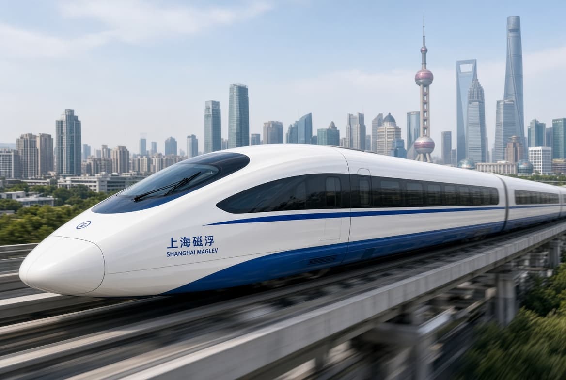 A sleek experimental maglev vehicle on an elevated test track in a laboratory setting.