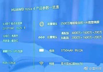 Опубликованы все характеристики смартфона Huawei Nova 4: экран диагональю 6,4 дюйма, SoC Kirin 970, 8 ГБ ОЗУ и 48-мегапиксельная камера
