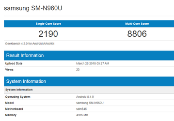 Смартфон Samsung Galaxy Note 9 засветился в базе Geekbench