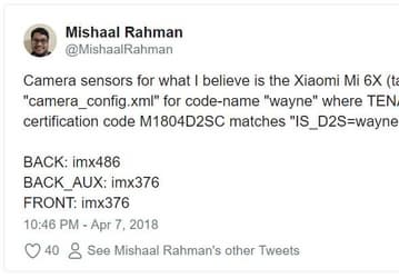 Во всех камерах смартфона Xiaomi Mi 6X будут использоваться датчики Sony