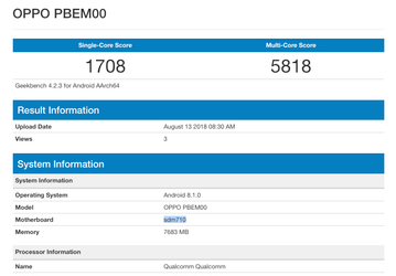 Построенный на SoC Snapdragon 710 cмартфон Oppo R17 Pro отметился в базе Geekbench