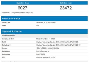 CPU Intel Core i5-9600K протестирован в Geekbench, результаты даже ниже, чем у Intel Core i5-8600K