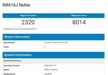 Смартфон ZTE Nubia NX616J на платформе Snapdragon 845 замечен в базе Geekbench
