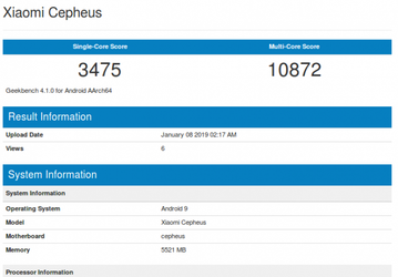 Смартфон Xiaomi Cepheus с 6 ГБ ОЗУ и SoC Snapdragon 855 протестирован в Geekbench