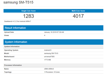 Готовящийся к выпуску планшет Samsung SM-T515 под управлением Android 9.0 Pie засветился в Geekbench