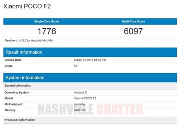 Xiaomi Pocophone F2 замечен в Geekbench: Snapdragon 855 и Android Q, но почему-то только 4 ГБ оперативной памяти