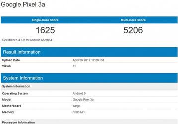 Смартфон Google Pixel 3a замечен в тесте Geekbench
