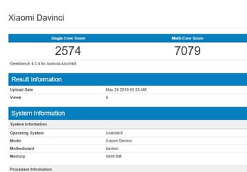 Основные характеристики Redmi K20 подтверждены Geekbench