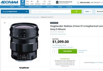Начат прием заказов на объектив Voigtlander Nokton 21mm f/1.4 с креплением Sony E, стала известна цена