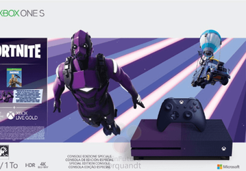 Фиолетовая консоль Xbox One S Fortnite Limited Edition с таким же геймпадом показаны на официальном изображении