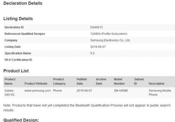 Два варианта смартфона Samsung Galaxy A90 прошли сертификацию Bluetooth SIG