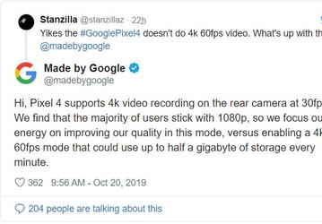 Google объяснила, почему Pixel 4 не поддерживает запись видео 4К с кадровой частотой 60 Гц