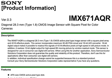 Появились спецификации датчика изображения Sony IMX671AQR 