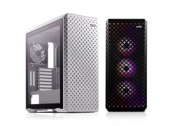 За решетчатой передней панелью корпуса XPG Defender Pro находится сетка, а за ней — вентиляторы с подсветкой