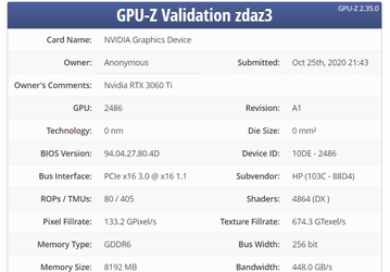 Подтверждены характеристики ноябрьской новинки Nvidia. GeForce RTX 3060 Ti получила 4864 ядра CUDA, 8 ГБ памяти и GPU частотой до 1665 МГц