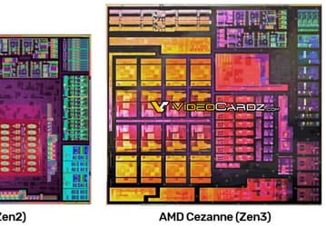Кристаллы процессоров AMD Renoir (Zen2) и AMD Cezanne (Zen3) на одном изображении