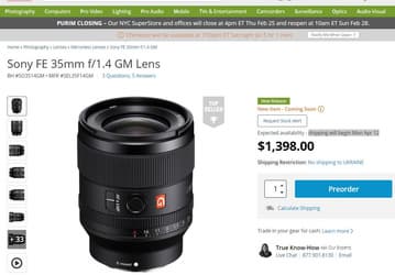 Стала известна новая дата начала поставок объектива Sony FE 35mm F1.4 GM