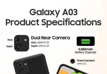 5000 мА•ч, 48 Мп и 4/128 ГБ памяти в новом бюджетнике Samsung. Представлен Galaxy A03
