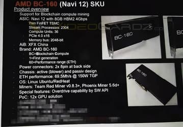 Из MacBook Pro 16 прямиком к майнерам. AMD создала видеокарту BC-160 на уникальном GPU Navi 12 специально для майнинга