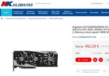 В литовском магазине замечена видеокарта Gigabyte RTX 3050 Gaming OC