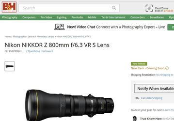 На сайте B&H появился объектив Nikon Nikkor Z 800mm f/6.3 VR S