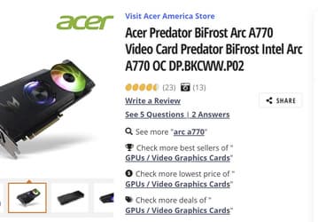 Nvidia таких видеокарт не предлагает даже близко. Acer Predator A770 BiFrost с 16 ГБ памяти можно купить за 340 долларов
