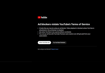 Найден способ обойти блокировку просмотра роликов YouTube с отключённой рекламой