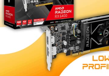 Очень маленькая, но и очень слабая видеокарта. Представлена ASRock Radeon RX 6400 Low