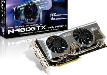 Видеокарта MSI N480GTX Twin Frozr II оснащается полимерными конденсаторами и двухвентиляторным кулером