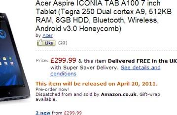Названа цена и дата начала продаж семидюймового планшета Acer Iconia Tab A100