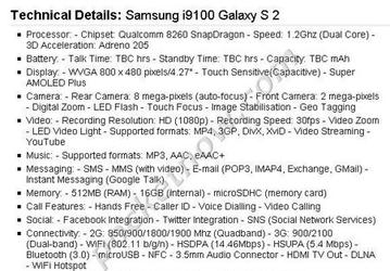 Незадолго до анонса в Сеть «утекли» характеристики смартфона Samsung Galaxy S2