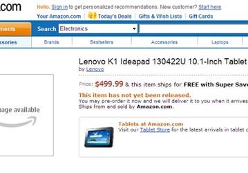 Amazon называет свою цену планшета Lenovo IdeaPad K1 