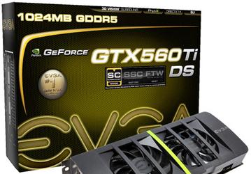 Графический процессор 3D-карты EVGA GeForce GTX 560 Ti DS Superclocked работает на частоте 900 МГц