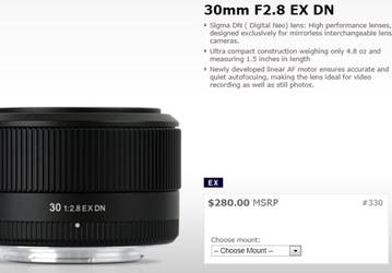 Объявлена цена объектива Sigma 30mm f/2.8 EX DN для беззеркальных камер