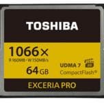 Скорость чтения карт памяти Toshiba Exceria Pro формата CompactFlash достигает 160 МБ/с, скорость записи — 150 МБ/с
