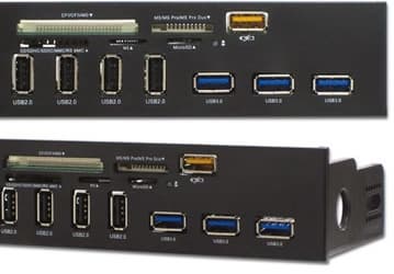 На панели Ainex PF-107CR3 типоразмера 5,25 дюйма размещено восемь разъемов USB и пять слотов для карт памяти