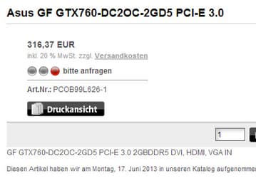 3D-карта Asus GeForce GTX 760 DirectCU II OC оценена в Европе в 316 евро