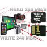 Карточка Toshiba microSD UHS-II объемом 64 ГБ демонстрирует скорости чтения и записи 260 МБ/с и 240 МБ/с соответственно