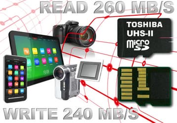 Карточка Toshiba microSD UHS-II объемом 64 ГБ демонстрирует скорости чтения и записи 260 МБ/с и 240 МБ/с соответственно