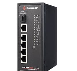 Коммутатор Comtrol RocketLinx ES7206-XT имеет четыре порта Gigabit IEEE 802.3af/at PoE и работает в диапазоне температур от -40°C до 75°C