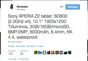 Появились предварительные спецификации планшета Sony Xperia Tablet Z2