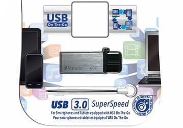 Флэш-накопитель Verbatim OTG Tiny Drive с интерфейсом USB 3.0 оснащен разъемами USB и micro-USB