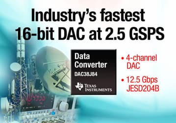 TI DAC38J84 — самый быстрый в отрасли 16-разрядный ЦАП, способный выполнить 2,5 млрд. преобразований в секунду