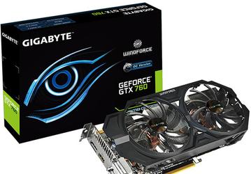 3D-карта Gigabyte GV-N760WF2OC-2GD оснащена охлаждающей системой WindForce 2X