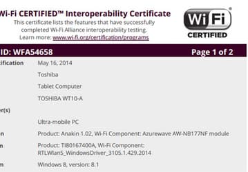 Toshiba готовит 10-дюймовый планшет под управлением Windows 8.1