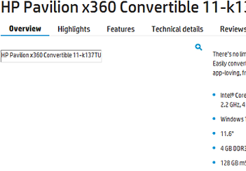 Процессор Intel Skylake установлен в трансформируемом ноутбуке HP Pavilion x360 11-k137TU