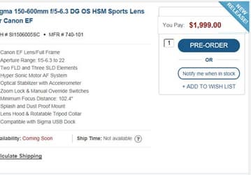 Объектив Sigma 150-600mm f/5-6.3 DG OS HSM Contemporary оценен в $1089; выпуск варианта для камер Sony отменен