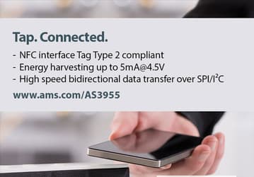 Микросхема для ярлыков NFC ams AS3955 может служить источником питания, получая энергию от считывающего устройства