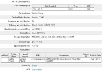 Смартфон Lenovo P2a42 прошел сертификацию Bluetooth