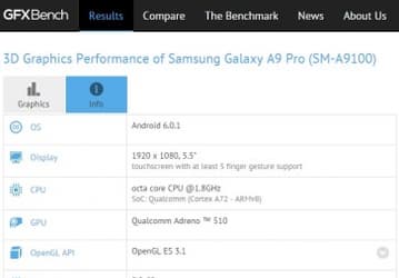 Судя по результатам GFXBench, смартфон Samsung Galaxy A9 Pro получил 4 ГБ ОЗУ и камеру разрешением 16 Мп